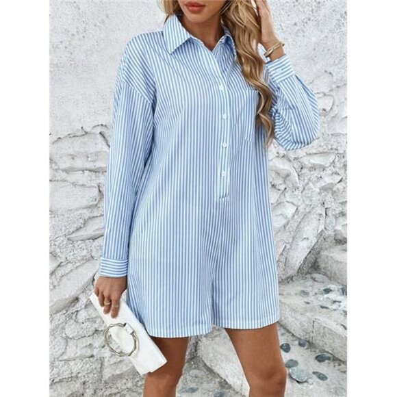 A Classy Chic Boutique Pants - Blue Striped Buttoned Half-Placket Romper